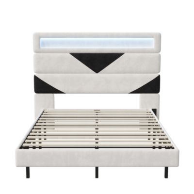 Lit 160x200 cm, MDF,  avec  USB et éclairage LED, Cadre de lit, lit flottant avec Tête de lit triangle,  - Blanc