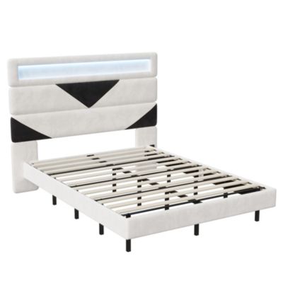 Lit 160x200 cm, MDF,  avec  USB et éclairage LED, Cadre de lit, lit flottant avec Tête de lit triangle,  - Blanc