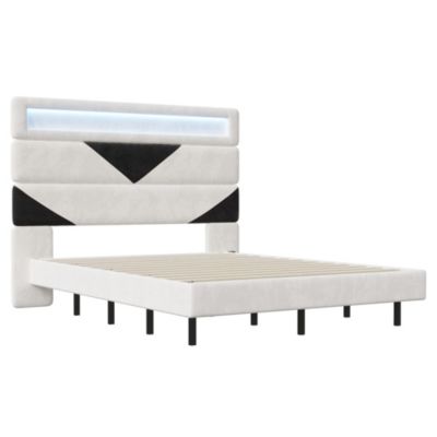 Lit 160x200 cm, MDF,  avec  USB et éclairage LED, Cadre de lit, lit flottant avec Tête de lit triangle,  - Blanc