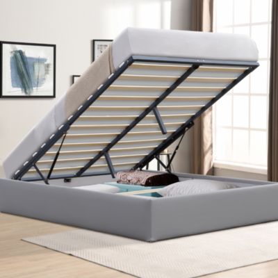 Lit 160x200 Coffre Gris - Dimensions Spacieuses - Compatible avec Tous Matelas - Montage Rapide et Facile - Revêtement PVC Simili