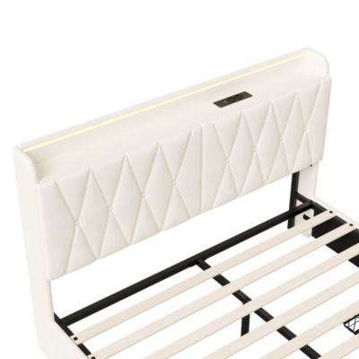 Lit Coffre 160x200 Avec LED Et Tête De Lit Capitonnée - Rangement Intégré, Sommier à Lattes, Blanc