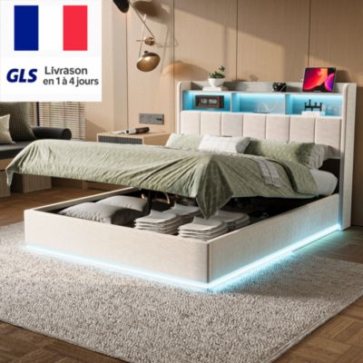 lit 160x200cm avec éclairage LED, Lit Coffre avec Sommier à Lattes, Prises, USB et Type-C, Velours