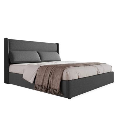 Lit 180x200 cm coffre de rangement hydraulique avec tête de lit 3 positions, cadre métal tapissé lin gris