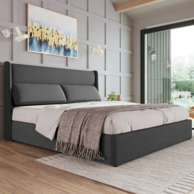 Lit 180x200 cm coffre de rangement hydraulique avec tête de lit 3 positions, cadre métal tapissé lin gris