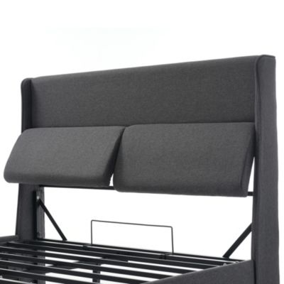Lit 180x200 cm coffre de rangement hydraulique avec tête de lit 3 positions, cadre métal tapissé lin gris