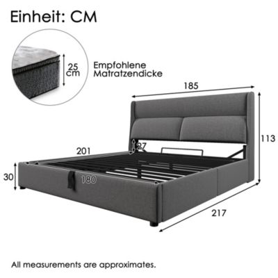 Lit 180x200 cm coffre de rangement hydraulique avec tête de lit 3 positions, cadre métal tapissé lin gris