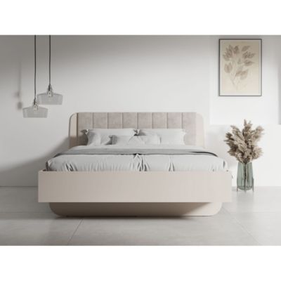 Lit 2 places AMALIE 180x200 cm  Tete tapissée tissu beige  Design doux et angles arrondis - Sommier non inclus