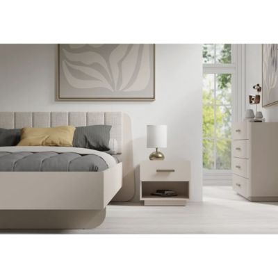 Lit 2 places AMALIE 180x200 cm  Tete tapissée tissu beige  Design doux et angles arrondis - Sommier non inclus