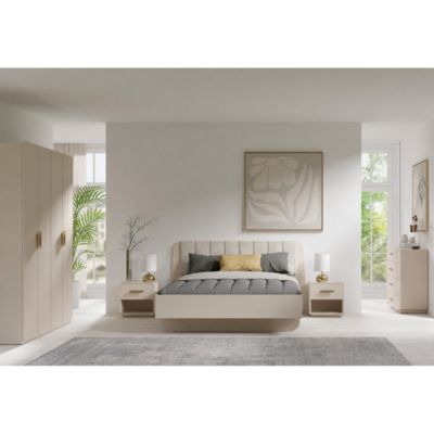 Lit 2 places AMALIE 180x200 cm  Tete tapissée tissu beige  Design doux et angles arrondis - Sommier non inclus