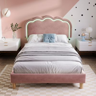 Lit 90x190 cm avec tête de lit LED réglable, tapissé velours rose, cadre rembourré au design moderne