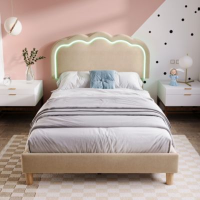Lit 90x190 cm rembourré en lin beige avec tête de lit pouf LED réglable, cadre robuste et style contemporain
