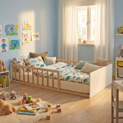LIT 90x190 PILOU avec sommier et matelas / Blanc et Bois clair
