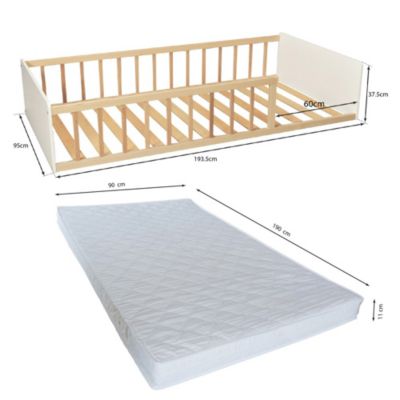 LIT 90x190 PILOU avec sommier et matelas / Blanc et Bois clair