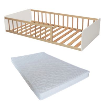 LIT 90x190 PILOU avec sommier et matelas / Blanc et Bois clair