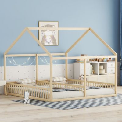 Lit 90x200 cm 2-en-1 modèle maison en pin et MDF couleur naturelle avec barrières de sécurité et toit décoratif