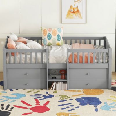 Lit 90x200 cm avec 4 tiroirs, garde corps et echelle, cadre en pin et MDF, style minimaliste gris