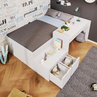 Lit 90x200 cm avec bureau et tiroirs en bois massif blanc, design moderne et gain de place