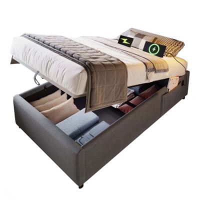 Lit 90x200 cm avec sommier relevable et coffre de rangement, tapissé lin-coton gris, design fonctionnel