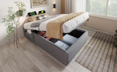 Lit 90x200 cm avec sommier relevable et coffre de rangement, tapissé lin-coton gris, design fonctionnel