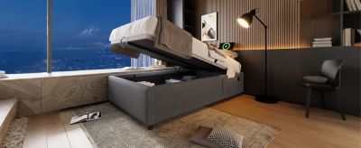 Lit 90x200 cm avec sommier relevable et coffre de rangement, tapissé lin-coton gris, design fonctionnel