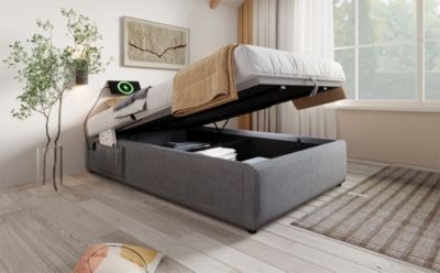 Lit 90x200 cm avec sommier relevable et coffre de rangement, tapissé lin-coton gris, design fonctionnel