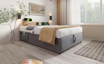 Lit 90x200 cm avec sommier relevable et coffre de rangement, tapissé lin-coton gris, design fonctionnel
