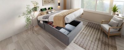 Lit 90x200 cm avec sommier relevable et coffre de rangement, tapissé lin-coton gris, design fonctionnel