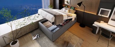 Lit 90x200 cm avec sommier relevable et coffre de rangement, tapissé lin-coton gris, design fonctionnel