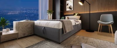 Lit 90x200 cm avec sommier relevable et coffre de rangement, tapissé lin-coton gris, design fonctionnel