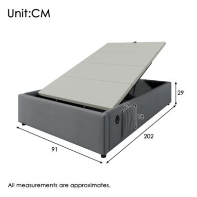Lit 90x200 cm avec sommier relevable et coffre de rangement, tapissé lin-coton gris, design fonctionnel