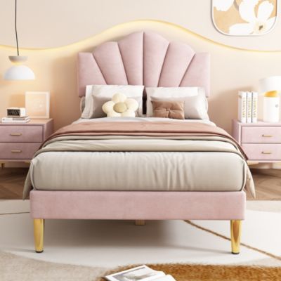 Lit 90x200 cm avec tête de lit coquillage réglable et pieds métal doré, velours rose, design élégant
