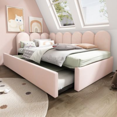 Lit 90x200 cm banquette tapissée velours rose avec lit gigogne 90x190 cm, cadre métal, dossier matelassé