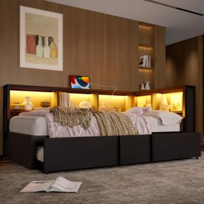 Lit 90x200 cm en métal noir avec lit gigogne et 5 rangements intégrés, pour gain de place au design moderne