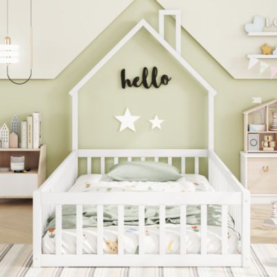 Lit 90x200 cm en pin et MDF avec forme cheminée et barrières de sécurité, design enfant blanc