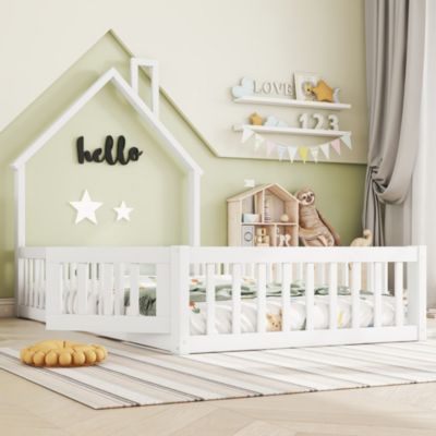 Lit 90x200 cm en pin et MDF avec forme cheminée et barrières de sécurité, design enfant blanc