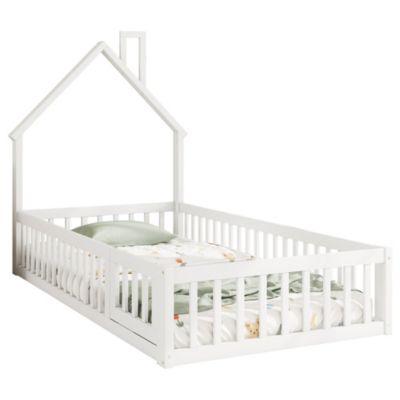 Lit 90x200 cm en pin et MDF avec forme cheminée et barrières de sécurité, design enfant blanc