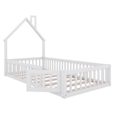 Lit 90x200 cm en pin et MDF avec forme cheminée et barrières de sécurité, design enfant blanc