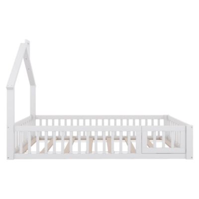 Lit 90x200 cm en pin et MDF avec forme cheminée et barrières de sécurité, design enfant blanc