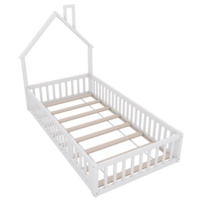 Lit 90x200 cm en pin et MDF avec forme cheminée et barrières de sécurité, design enfant blanc