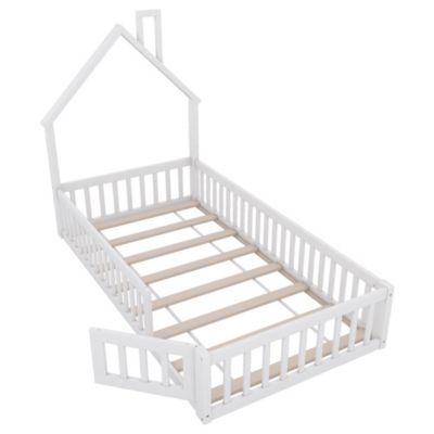 Lit 90x200 cm en pin et MDF avec forme cheminée et barrières de sécurité, design enfant blanc