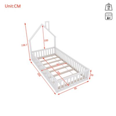 Lit 90x200 cm en pin et MDF avec forme cheminée et barrières de sécurité, design enfant blanc
