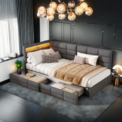 Lit 90x200 cm en tissu gris avec tête de lit en L, LED intégrées, ports de charge et tiroir de rangement au pied