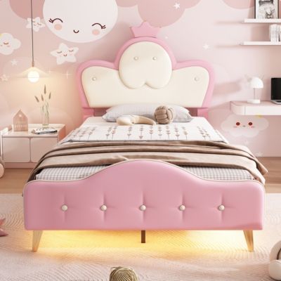 Lit 90x200 cm enfant avec tête rembourrée en vague et couronne, PU blanc/rose et bande LED intégrée