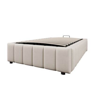 Lit 90x200 cm sans tête, tapissé lin beige, coffre de rangement à ouverture hydraulique, design minimal