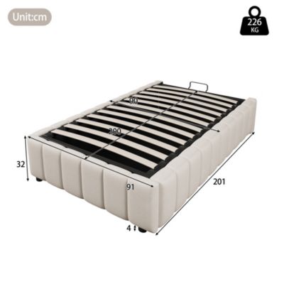 Lit 90x200 cm sans tête, tapissé lin beige, coffre de rangement à ouverture hydraulique, design minimal