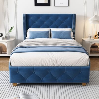 Lit 90x200 cm tapissé velours bleu avec tête de lit capitonnée, sommier à lattes et pieds en bois