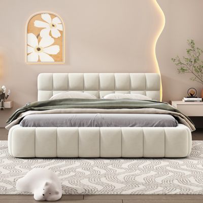 Lit adulte 140x190cm en lin avec dossier moelleux, Lit plat avec sommier à lattes, beige