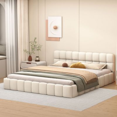 Lit adulte 140x190cm en lin avec dossier moelleux, Lit plat avec sommier à lattes, beige