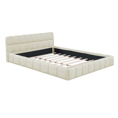 Lit adulte 140x190cm en lin avec dossier moelleux, Lit plat avec sommier à lattes, beige