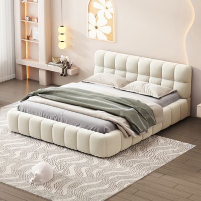 Lit adulte 140x190cm en lin avec dossier moelleux, lit plat avec sommier à lattes, beige